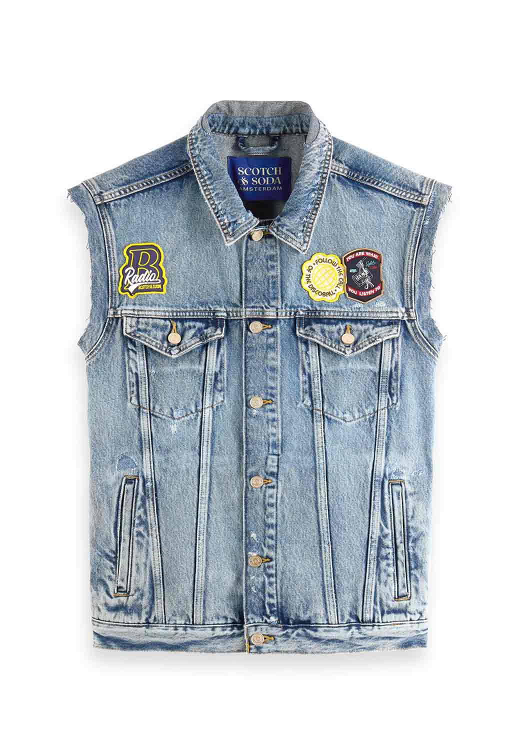 Dark Gray CUT OFF SLEEVELESS DENIM TRUCKER WITH BADGES ווסט SCOTCH & SODA